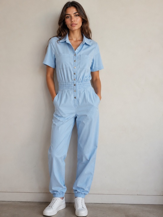 Source Unknown Pants - Utility suit romper/jumper blue short sleeve minimalist contemporary stretch
